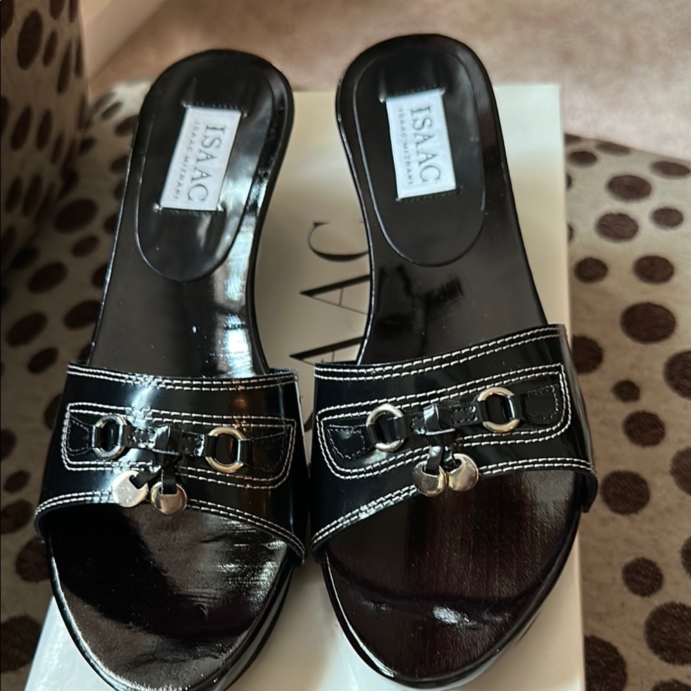 Isaac Mizrahi Black Patent Leather Mules with Silver Accents